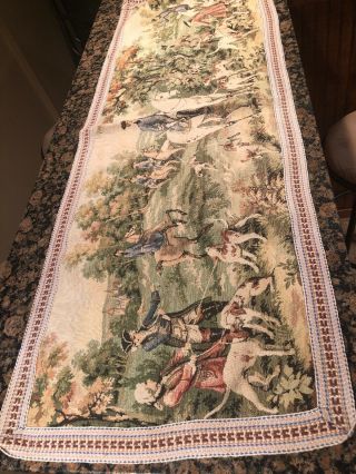 Antique French Tapestry Wall Hanging 53” x 19” Nobility on a Hunt In the Forest 3