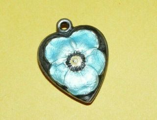Old Vintage Antique Sterling Silver W/ Enamel " Pansy " Flower Heart Shaped Charm