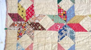 Vintage 1930 ' s Handmade Hand Stitched Feed Sack 8 Point Star Quilt - 86 
