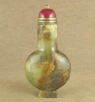 Stunning With Carved Chinese Jade Snuff Bottle,  With Red Jade Stone Top Lid