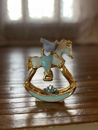 Vintage Artisan Miniature Dollhouse Brass Enamel Rocking Horse Figurine Lt.  Blue