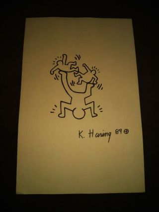 Vintage & And Rare Keith Haring Marker Drawing In Old Paper Artwork Signed