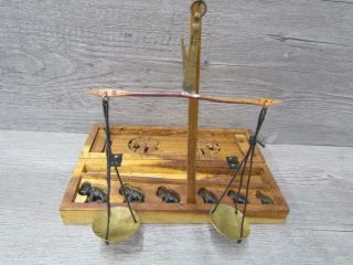 Vintage Wood And Brass Scales In Case With Elephant Weights And Designs