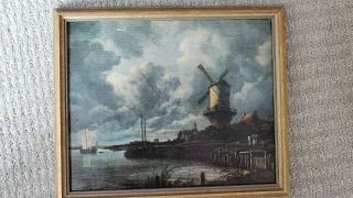 Antique German Oil Painting Landscape Mill And Ship Harbor 12 " X10 ".