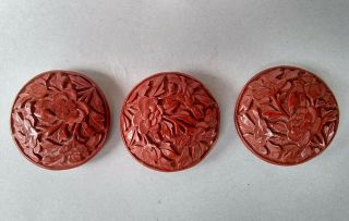 Antique Chinese Cinnabar Set 3 Buttons Red Lacquer