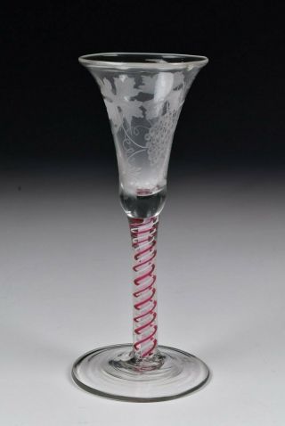English Blown Glass Two Color Cotton Twist Stem Wine Glass Engraved Bowl Rare