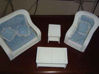 Vintage Barbie Dream House White Wicker Chair Couch Coffee End Table Mattel 1983