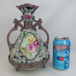 Antique Unmarked Nippon 9.  5 " 2 - Handle Vase With Roses & Heavy Moriage