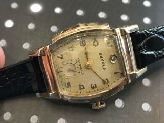 Vintage Benrus men Wristwatch Art deco stepped case gold filled steel back 6