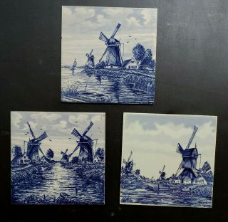 Vintage Delft Blue Dutch Tile Set Of 3 Hand Painted Made In Holland
