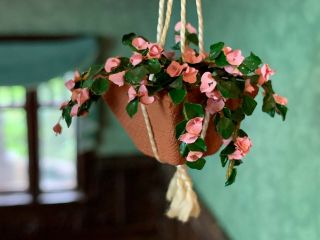 Vintage Artisan Sculpted Miniature Dollhouse Hanging Plant Pink Flowers Clay Pot