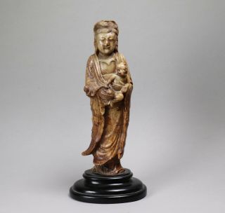 Early Antique Chinese Soapstone Figure Of Guanyin And Child