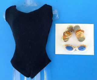 Vintage Barbie Black Helenca Swimsuit W/gold Wedge Shoes & Sunglasses 1963 Euc