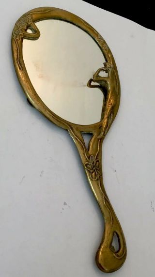 Vintage Art Nouveau Style Hand Held Vanity Boudoir Mirror In Ornate Brass Frame