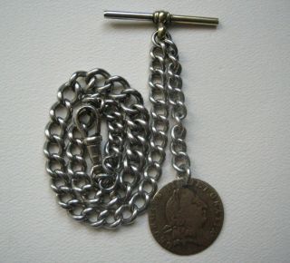 Antique Nickel Silver Graduated Albert Pocket Watch Chain W George Iii Token Fob