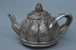 Ancient Decor Collectable Old Miao Silver Carve Beauty Lotus Auspicious Tea Pot