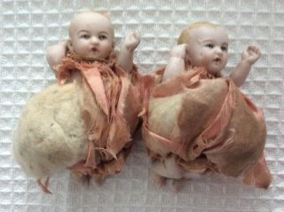 Antique Bisque Twin Baby Dolls,  Painted Face,  Jointed Limbs,  3 1/2 " Pincushion