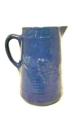 Antique Circa 1900 Uhl Blue Pitcher Grape Trellis Design Embossed