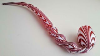 16 ' Antique 19th Century Nailsea Art Glass Cranberry & White Smokers Pipe c1870 2