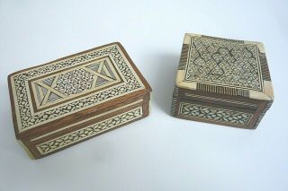 2 Vintage Anglo Indian Inlaid Marquetry Wooden Trinket Boxes
