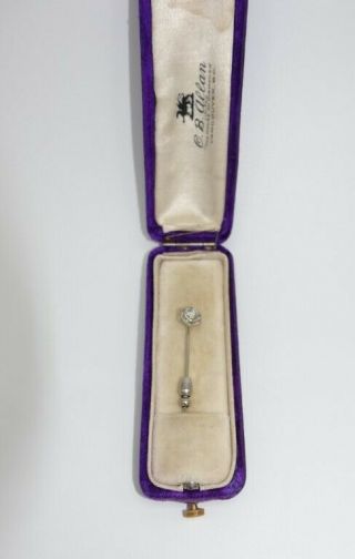 Real Diamond Stick Pin Art Deco Solid 18k White Gold Antique Velvet Jewelry Box