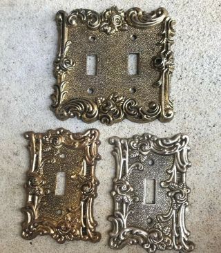 3 Vintage Ornate Mid Century Gold Metal Light Switch Cover Plate Amer - Tack
