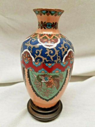 Antique 6 Inch Art Deco Cloisonne Vase With Wood Pedestal