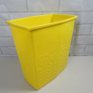 Vintage Loma Plastic Yellow Wastebasket Embossed Floral Flower Design Trash Can