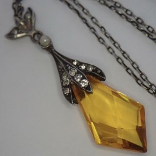 Antique Art Deco Sterling Silver Seed Pearl Citrine Paste Pendant Necklace