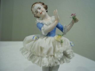 Volkstedt Dresden Lace Porcelain Victorian Dancer Figurine Signed 8