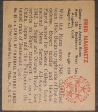1950 Bowman FRED NAUMETZ Football Card 85 Los Angeles Rams Vintage Antique 2
