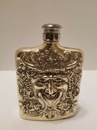 1983 Godinger Silver Plated Flask W/ Intricate Bacchus Design,  Honeycomb Pattern