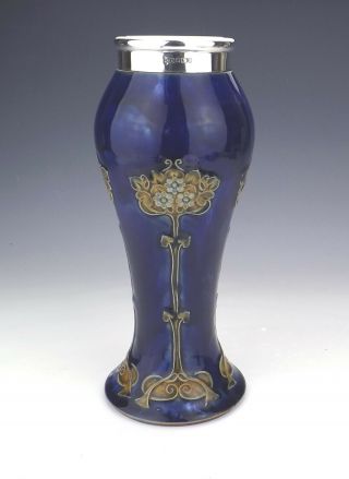 Antique Royal Doulton Stoneware - Silver Topped Art Nouveau Vase -