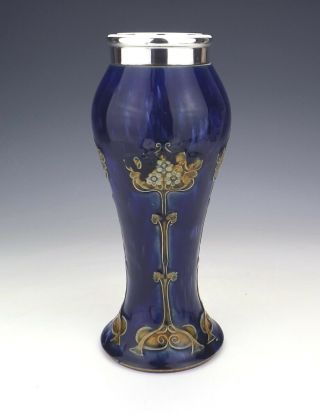Antique Royal Doulton Stoneware - Silver Topped Art Nouveau Vase - 2