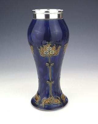 Antique Royal Doulton Stoneware - Silver Topped Art Nouveau Vase - 3
