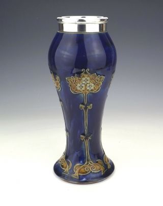 Antique Royal Doulton Stoneware - Silver Topped Art Nouveau Vase - 4