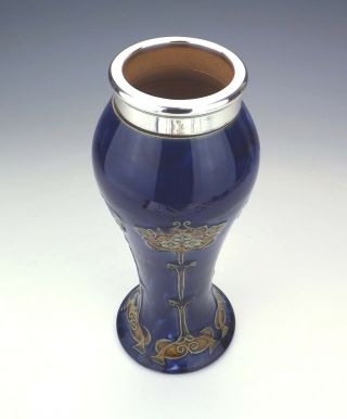 Antique Royal Doulton Stoneware - Silver Topped Art Nouveau Vase - 5