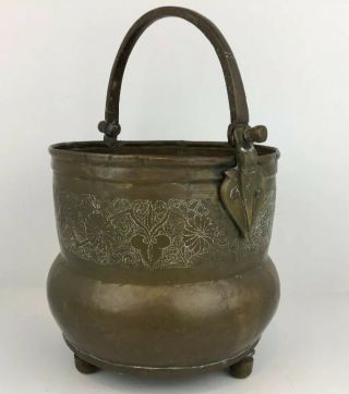 Vintage Engraved Copper Brass Bronze Footed Water Pot Kettle Pail With Handle