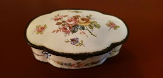 Antique French Or English Enamel Box 19th C.  Painted Flowers & Swags
