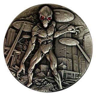 2018 Chad 2 Oz Alien Invasion 10,  000 Francs Cfa Antique Finish.  999 Silver Coin