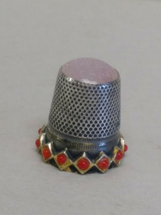 Thimble Antique Vintage 925 Silver Stamped W/ Pink & Red Stones Sz.  9 Germany?