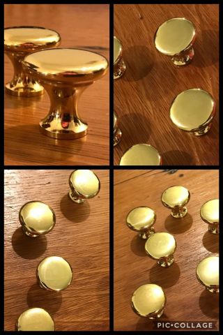 6 Knobs Flat Brass Round Pedestal Mid Century Cabinet Drawer Pulls Deco Vintage