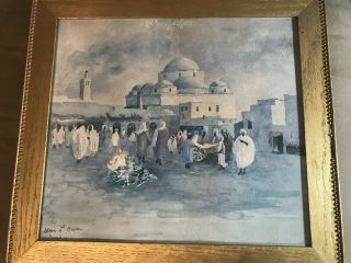 Antique " Open Air Market Tunisia " Watercolor Painting - Signed And Framed