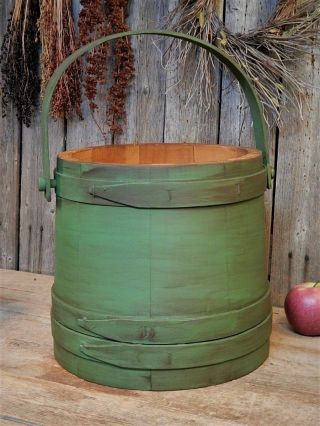Antique Primitive Green Wooden Firkin Sugar Bucket Farmhouse