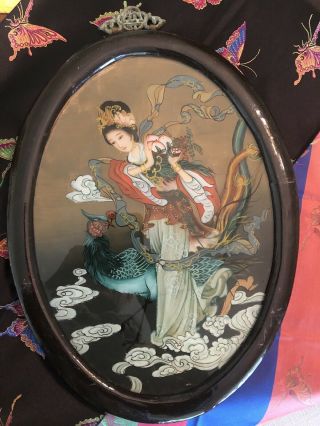 Vintage Chinese Reverse Painting On Glass,  Woman With Peacock