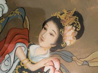 Vintage chinese reverse painting on glass,  Woman With Peacock 2