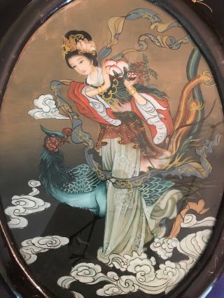 Vintage chinese reverse painting on glass,  Woman With Peacock 3