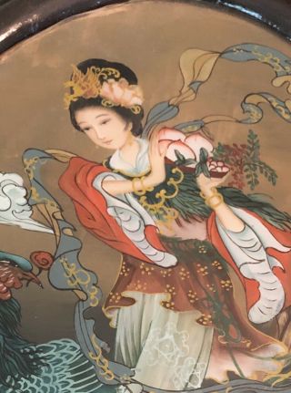 Vintage chinese reverse painting on glass,  Woman With Peacock 4