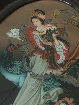 Vintage chinese reverse painting on glass,  Woman With Peacock 6