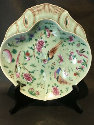 Antique Chinese Famille Rose Celadon Glazed Porcelain Dish Shallow Bowl